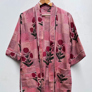 Kimono en coton avec ceinture à nouer, robe de chambre pour femme, robe de nuit indienne et tenue de plage, robe imprimée en coton indien - Product Image 1