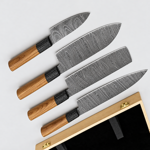 Ensemble de 4 couteaux de cuisine à motif Damas, lames gris argenté, manches en bois brun avec embouts noirs et boîte de rangement en bois - Product Image 5