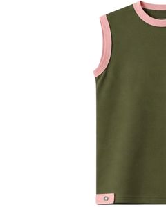 ชุดเซ็ตเสื้อกล้ามและกางเกงขาสั้นสีเขียวมะกอกสำหรับผู้ชาย แต่งขอบสีชมพู พร้อมเชือกผูกเอว ชุดลำลองฤดูร้อนผ้าฝ้ายสองชิ้น - Product Image 3