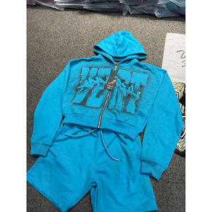 Premium Quality Low MOQ Men 100% Cotton Solid <b>Zip</b> Up Hoodie Shorts Two Piece Sport Set OEM ODM - Product Image 1