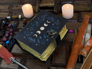 Large Leather Grimoire Journal with Water Color Paper 200 Sheets Spiral Bound Moon Phases <b>Book</b> of Shadows & Blank Spell <b>Notebook</b> - Product Image 4