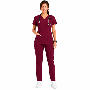 Custom Unisex Medical <b>Scrubs</b> Set Solid Color V Neck Nurse <b>Uniform</b> Stretch Knitted Clinic Jogger Pants Top Hospital - Product Image 1