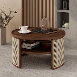 Tavolino da Caffè Rotondo a 2 Livelli in Legno con Base in Rattan e Vano Portaoggetti 31,3 Pollici - Product Image 4