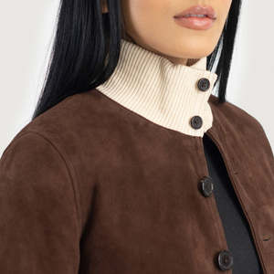 Furat Leathers Mocha <b>Suede</b> Quilted Breathable Eco-Friendly Quick Dry Winter Women's Biker Bomber <b>Jacket</b> Stand Detachable Collar - Product Image 3