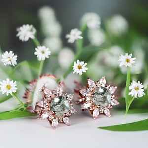 Boucles d'oreilles en agate verte véritable, vintage, rondes, en agate verte, or rose, avec moissanite, pour mariée - Product Image 5