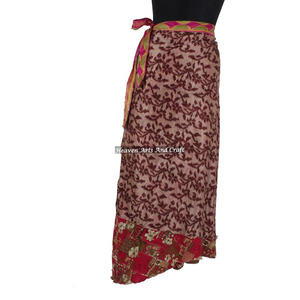 Jupe longue en soie vintage pour femme, style sari, à enrouler, coupe tube, 2 couches, 38 pouces - Product Image 6