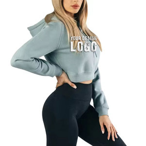 Sweat-shirt court à capuche pour femme, couleur unie, manches longues, tricoté en coton et fibre de bambou, respirant, sans doublure, pour l'automne - Product Image 3