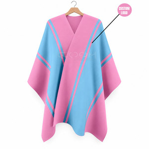 Cosh International Sorority Sisterhood Pink <b>Blue</b> Color Blocked <b>Poncho</b> V-Neck Full Sleeve Long Casual Cloak Polyester Sweater - Product Image 1
