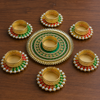 Ensemble de porte-diya décoratifs faits à la main avec perles, vert et or, Rangoli Thali pour Diwali, mariage, décoration de la maison, cadeaux de festival