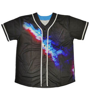 Maillot de baseball à motif floral en polyester premium entièrement personnalisé avec ourlet arrondi, imprimé noir et bleu - Product Image 1