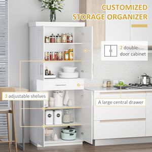 Modern <b>White</b> Kitchen Pantry <b>Cabinet</b> <b>Storage</b> with 4 Particle Board Doors Drawer 3 Adjustable Shelves for Dining Room - Product Image 5