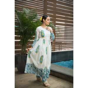 Conjunto de Kurta para Mujer, Transpirable, de Algodón/Fibra de Bambú, Estampado a Mano, Talla XS, Color Blanco - Product Image 1