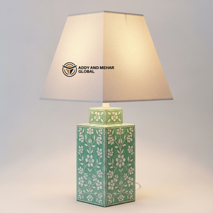 Lámpara de Mesa Rectangular Decorativa de Lujo con Incrustaciones de Hueso Verde Hechas a Mano, con Patrón Floral y Pantalla de Tela - Product Image 1