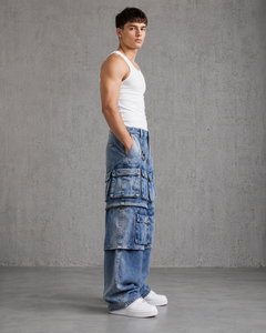 Pantalon cargo en denim délavé pour homme, taille mi-haute, coupe ample, plusieurs poches, style streetwear décontracté, longueur intégrale, bleu - Product Image 3