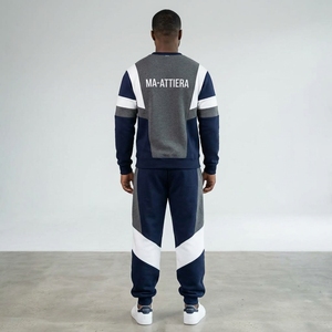 <b>Men</b> <b>Navy</b> Blue Grey White Color Block Crewneck Sweatshirt <b>Jogger</b> Pants Set Casual Streetwear Tracksuit - Product Image 2