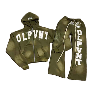 Conjunto de Sudadera con Capucha y Pantalones de Chándal para Hombre, Estilo Urbano, con Apliques Bordados Personalizados, Transpirable, de Tela Gruesa, con Cierre, Lavado Vintage - Product Image 1