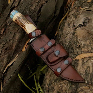 Couteau Bowie à lame fixe en acier Damas sur mesure de 10,5 pouces, ambidextre, neuf, pour la chasse et la survie, avec manche en bois de cerf et turquoise, objet de collection - Product Image 6