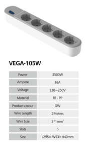 Safety Shutter Home Factory Supplier FR-PP Material 16A Europe Type Office VEGA-105W 5 Outlets 2m <b>Extension</b> Wires <b>Socket</b> - Product Image 4