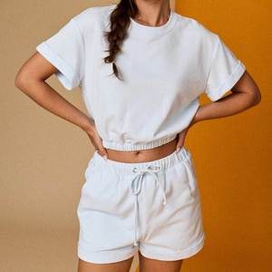 Custom Women's Solid Cozy Two Piece <b>Set</b> Oversized Cropped Elastic Hem T Shirt Drawstring Shorts Loungewear <b>Set</b> Manufacturer - Product Image 6