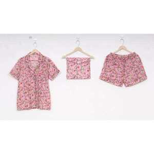 Ensemble 2 pièces décontracté pour femme, automne 2024, 100 % coton tissé, motif floral, respirant, taille élastique, manches courtes, lavable en machine, Hand Block26 - Product Image 1