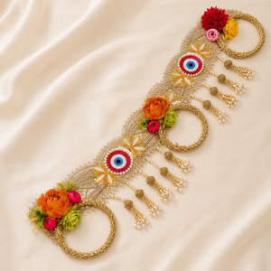 Décoration murale artisanale œil porte-bonheur floral Bandhanwar Toran avec pompon de perles et dentelle dorée pour mariage et fête, décoration de maison - Product Image 3