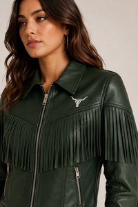 Men's Genuine Leather Fringe <b>Jacket</b> Forest Green <b>Western</b> Cropped Eco-Friendly Anti-UV Custom Logo OEM ODM Wholesale Bulk - Product Image 5