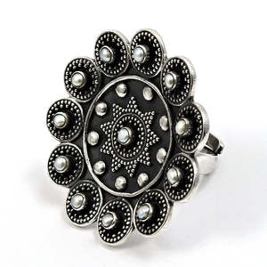 Natural 925 Sterling <b>Silver</b> Stamped Bohemian <b>Ring</b> Antique Look Oxidized <b>Adjustable</b> Flower <b>Ring</b> With Round Cut Freshwater Pearls - Product Image 1