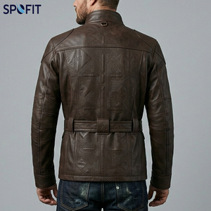 SPOFIT <b>Men's</b> Genuine <b>Leather</b> Moto <b>Jacket</b> Mandarin Collar Zipper Closure Solid Color Autumn Regular Fit Biker Style Embossed - Product Image 5