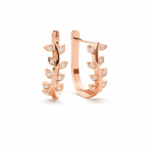 Pendientes de aro de oro amarillo de 14 quilates con diseño de hoja y diamantes, elegantes, de diseño natural, para mujer, para bodas y fiestas. - Product Image 2