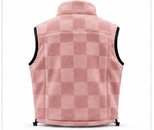 Best Selling <b>Men's</b> Checkered Sherpa Fleece Vest <b>Pink</b> Jacquard Grid Stand Collar Sleeveless Jacket Thermal Outdoor <b>Waistcoat</b> OEM - Product Image 2