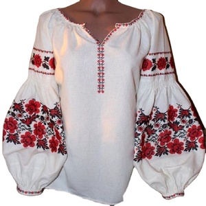 เสื้อผ้าลินินปักลายดอกไม้สไตล์โบฮีเมียนสำหรับผู้หญิง แขนทรงบอลลูน คอวี ทรงหลวม ใส่ได้ทุกฤดู - Product Image 1