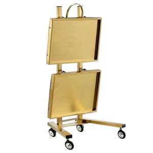 Carrello Moderno a 2 Ripiani Dorato per Salone di Bellezza o Bagno, in Acciaio Inossidabile con Doppio Vassoio Portaoggetti, Elegante Arredo per Salone - Product Image 3