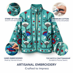 Chaqueta Bomber de Algodón Floral Hecha a Mano, Manga Larga, Cuello Alto, Bordado Kashmirí, Chaqueta para Mujer - Product Image 2