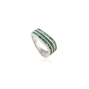 Wholesale 925 <b>Silver</b> Princess Cut <b>Emerald</b> & Round Blue Sapphire Combined Gemstone Wave Multi Layer Band <b>Ring</b> for Women - Product Image 3