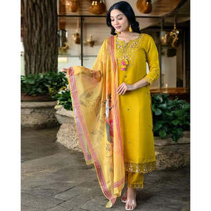 Bhojal Fashion Designer Pakaian India & Pakistan Atasan & Celana Pesta Elegan dengan Dupatta Mewah Warna Kuning Ukuran <span class=keywords><strong>M</strong></span> - Product Image 2