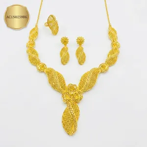 24K Gold Plated Nigerian Floral Leaf Jewelry Set for Women African Bridal Necklace Earrings Ring Set - Product Image 2