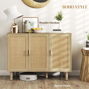 Buffet bohème fait main de 46,9 pouces avec 3 portes en rotin et étagères pour salle à manger ou couloir de villa, aspect naturel - Product Image 5