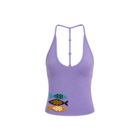 Débardeur pour femme en coton vert olive à motif floral et colibri perlé, style croisé, collection Printemps/Été