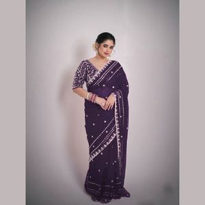 <b>Red</b> Embroidered Premium Frendy Chiffon Saree Gold Thread Work Summer Quick Dry Slim Fit Wedding Party Wear Women Traditional - Product Image 1