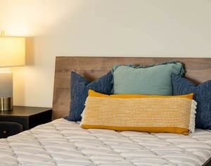 Midcentury Modern Upholstered Bed <b>Frame</b> Queen Size <b>Oak</b> Wood Fabric Headboard Soft Bed Platform Design - Product Image 6