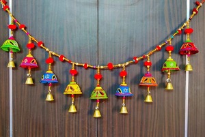 Handmade Wood <b>Elephant</b> Design Door Hanging <b>Decoration</b> with Pom-Pom and Golden Bells-Festive Indian Rajasthani Style - Product Image 3