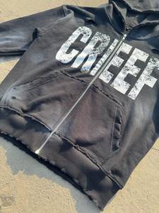 Men's Black Hooded <b>Zip</b>-<b>Up</b> Sweatshirt With CREEF Print Regular Fit Casual Autumn Wear - Product Image 2