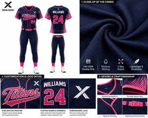 Ensemble d'uniformes de softball personnalisés pour femmes Titans, bleu marine et rose, sublimés, anti-humidité, ajustés, manches courtes, toutes saisons, adulte - Product Image 3