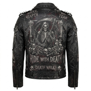 <b>Mens</b> Grim <b>Reaper</b> Skull Graphic Distressed Leather Jacket Heavy Metal Punk Spiked Chains Biker Coat Custom Wholesale - Product Image 2