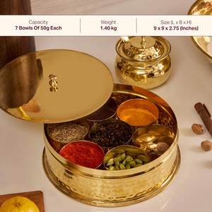 Traditional Indian Brass Home Decor Gift Designer Spice Storage <b>Box</b> Floral Engraved Lid Leak Proof Food Grade Dishwasher Safe - Product Image 2
