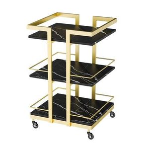 Modern Gold Frame Black Marble Three Tier Rolling Cart <b>Storage</b> Shelf for Living Room Indoor Use - Product Image 1