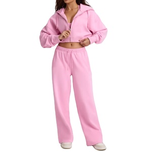 Conjunto de chándal de peso pesado personalizado pantalones de pierna ancha y Sudadera con capucha y cremallera conjunto de ropa de marca de lujo al por mayor conjunto deportivo de entrenamiento para mujer - Product Image 1