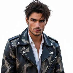 Blouson moto en cuir de vachette imprimé serpent pour homme, col rabattu, fermeture éclair, coupe classique, idéal pour l'automne, logo personnalisé disponible - Product Image 3