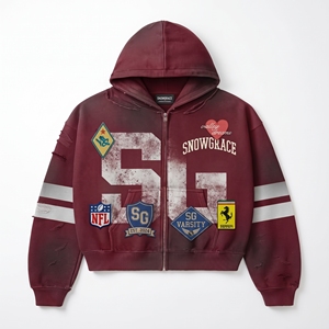 Sweat-shirt à capuche zippé pour homme Snowgrace, style streetwear oversize, design patchwork, couleur bordeaux, mode automne - Product Image 1