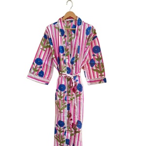 Bata Kimono de Algodón 100% Tejido con Estampado de Dibujos Animados para Mujer, Camisón de Verano Hecho a Mano, Cuello en V, Cintura Elástica, Largo hasta la Rodilla, Suave - Product Image 1